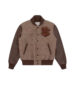 LEATHER SLEEVE VARSITY JACKET - BROWN