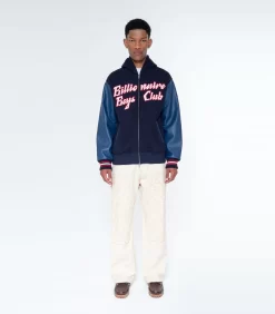 LEATHER SLEEVE ZIP-THROUGH HOOD -Fashion Style Shop B23438 NAVY 1