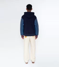 LEATHER SLEEVE ZIP-THROUGH HOOD -Fashion Style Shop B23438 NAVY 2