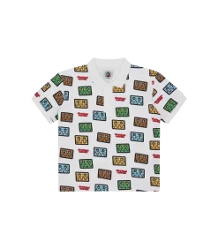KIDS JUMBLE ROBOT A/O PRINT PIQUE POLO SHIRT - WHITE