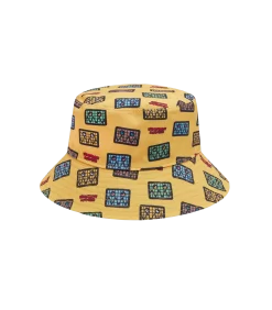 KIDS JUMBLE ROBOT A/O PRINT REVERSIBLE BUCKET HAT - NAVY/YELLOW