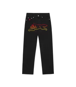 RHINESTONE RUNNING DOG DENIM PANT - BLACK